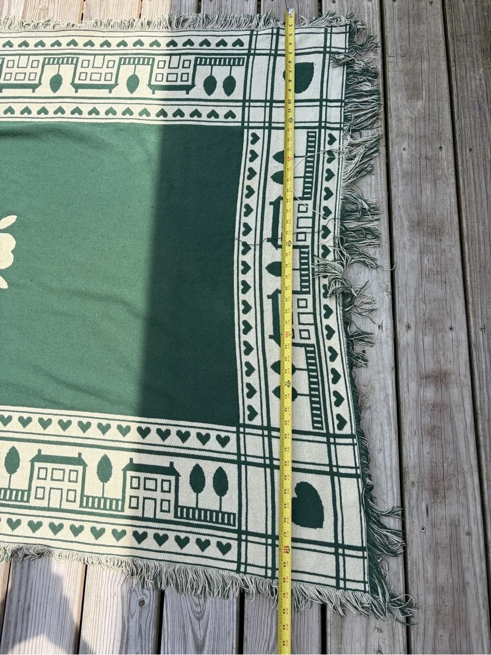 Vintage Green Cream Woven Throw Blanket Cottage Houses Hearts Fringe Farmhouse